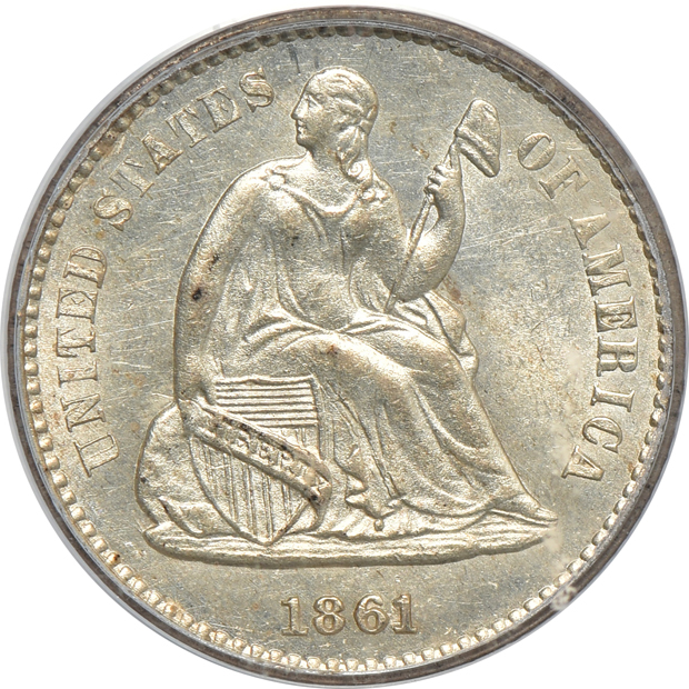 1861 Indian cent MS-65, 1861 three-cent piece MS-63, and an 1861 half-dime MS-63, all PCGS (green label)