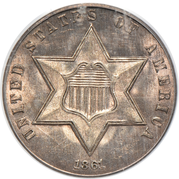 1861 Indian cent MS-65, 1861 three-cent piece MS-63, and an 1861 half-dime MS-63, all PCGS (green label)