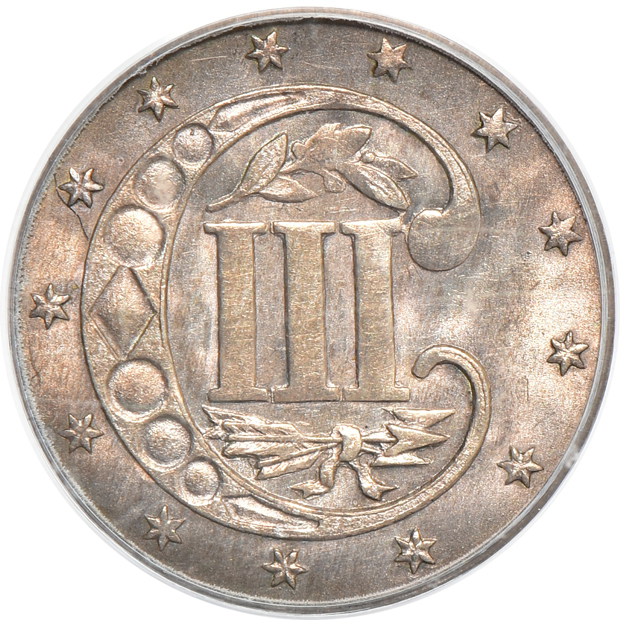 1861 Indian cent MS-65, 1861 three-cent piece MS-63, and an 1861 half-dime MS-63, all PCGS (green label)