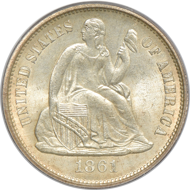 1861 Seated Liberty dime MS-64, and an 1861 Seated Liberty quarter MS-62, both PCGS (green label)