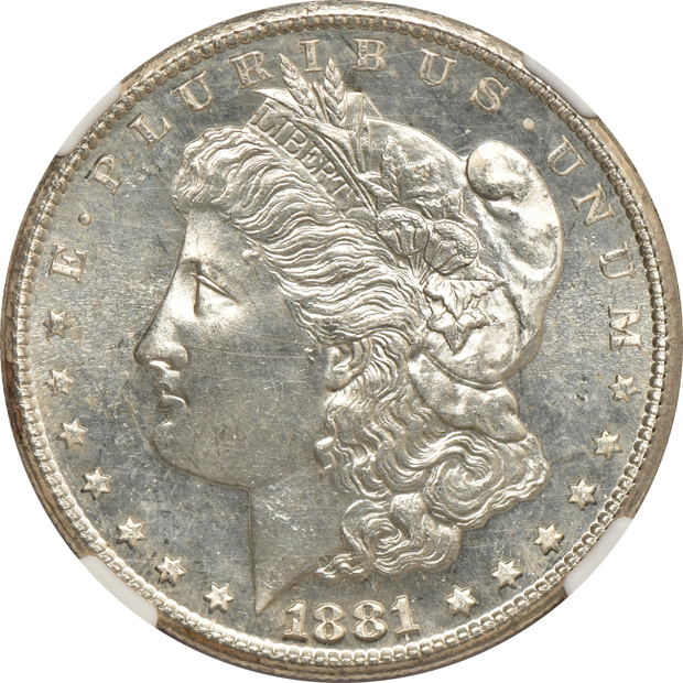 Five Morgan silver dollars certified by NGC