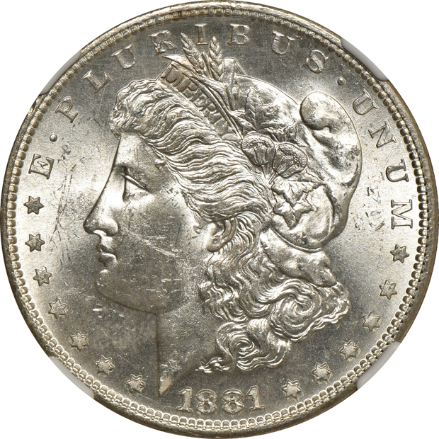 Five Morgan silver dollars certified by NGC