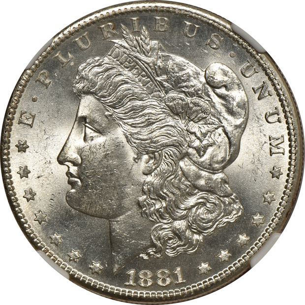 Five Morgan silver dollars certified by NGC
