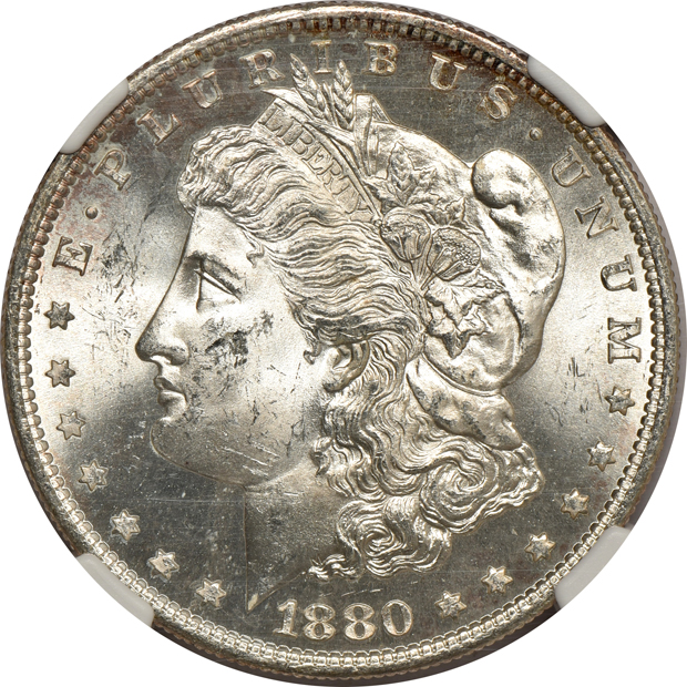 Five Morgan silver dollars certified by NGC