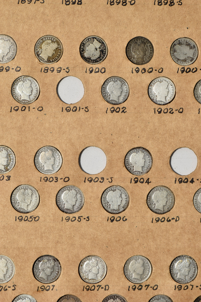 Collection of 65 Barber dimes, 76 Mercury dimes, 11 Roosevelt dimes, and 70 Barber quarters in a National Coin Album