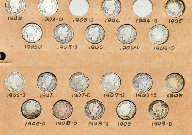 Collection of 65 Barber dimes, 76 Mercury dimes, 11 Roosevelt dimes, and 70 Barber quarters in a National Coin Album