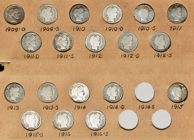 Collection of 65 Barber dimes, 76 Mercury dimes, 11 Roosevelt dimes, and 70 Barber quarters in a National Coin Album