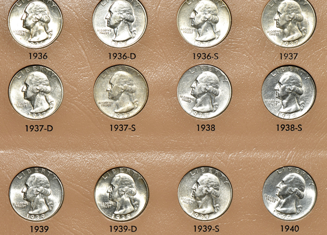 Complete collection of Washington quarters through 1998-S, including proof-only issues, and a Dansco 8140 album