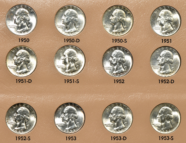 Complete collection of Washington quarters through 1998-S, including proof-only issues, and a Dansco 8140 album