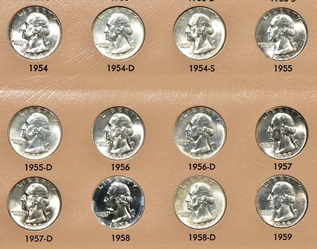 Complete collection of Washington quarters through 1998-S, including proof-only issues, and a Dansco 8140 album