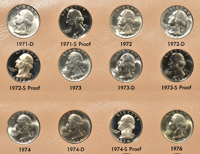 Complete collection of Washington quarters through 1998-S, including proof-only issues, and a Dansco 8140 album