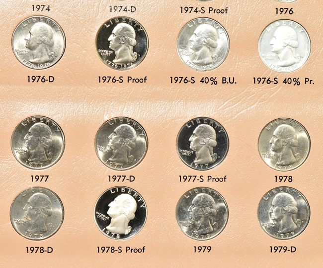 Complete collection of Washington quarters through 1998-S, including proof-only issues, and a Dansco 8140 album