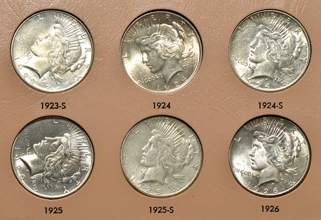 Complete collection of Peace silver dollars in a Dansco 7175 album