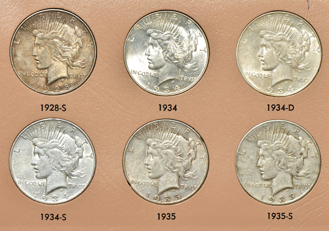 Complete collection of Peace silver dollars in a Dansco 7175 album