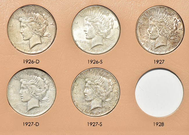 Complete collection of Peace silver dollars in a Dansco 7175 album