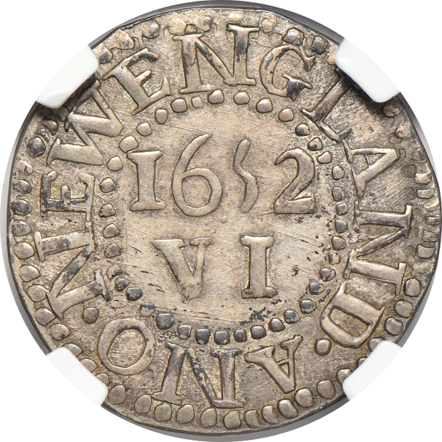 1652 Silver Pine Tree Six Pence Massachusetts Wyatt Copy Noe L NGC MS-63