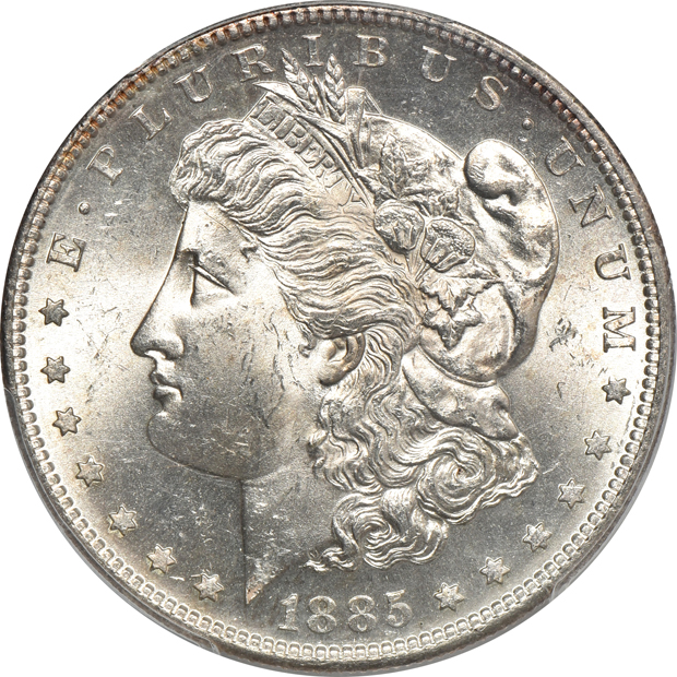1885-S MS-64+, and an 1887-S MS-64 CAC, both PCGS