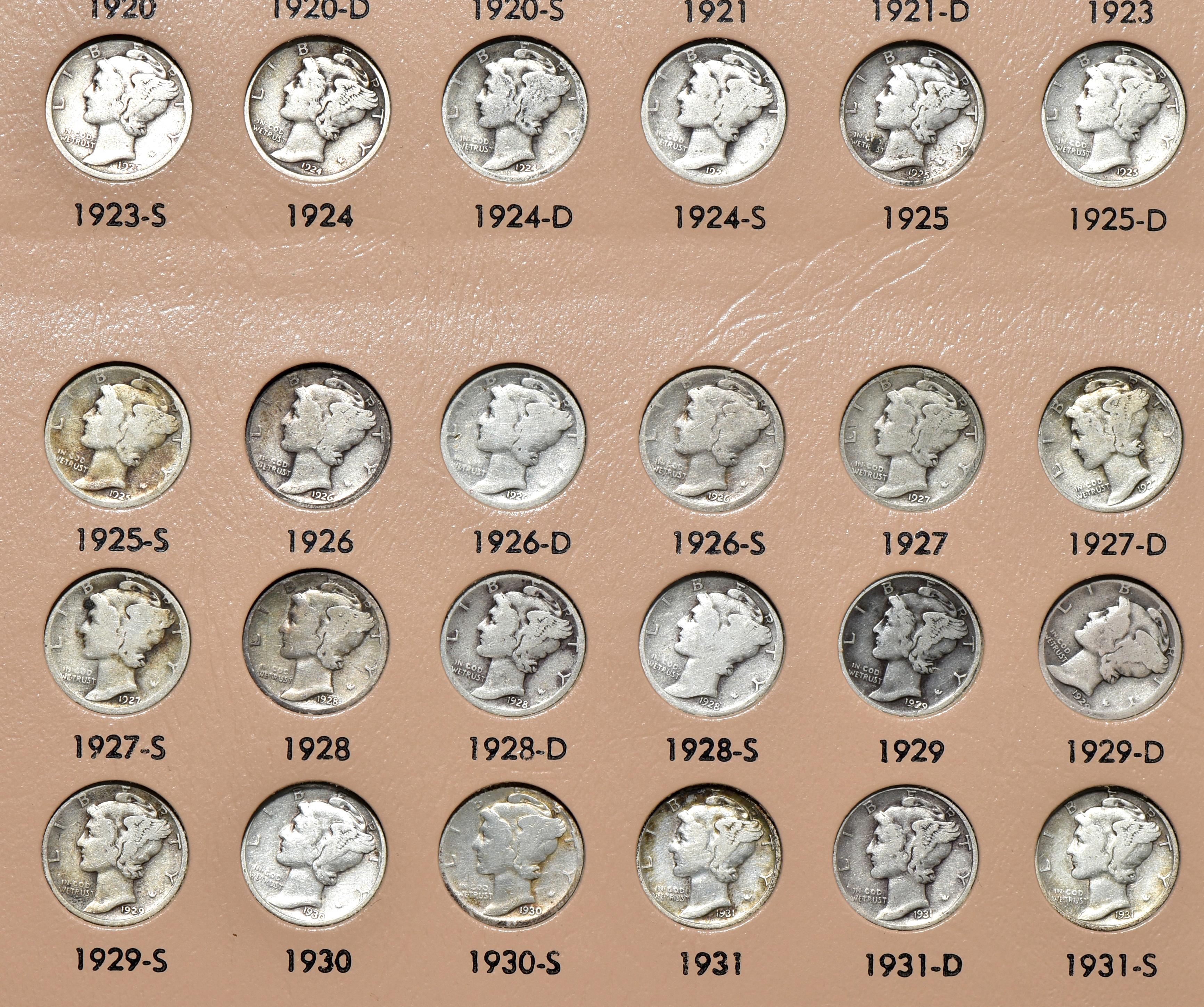 Complete collection of Mercury dimes in a Dansco 7123 album
