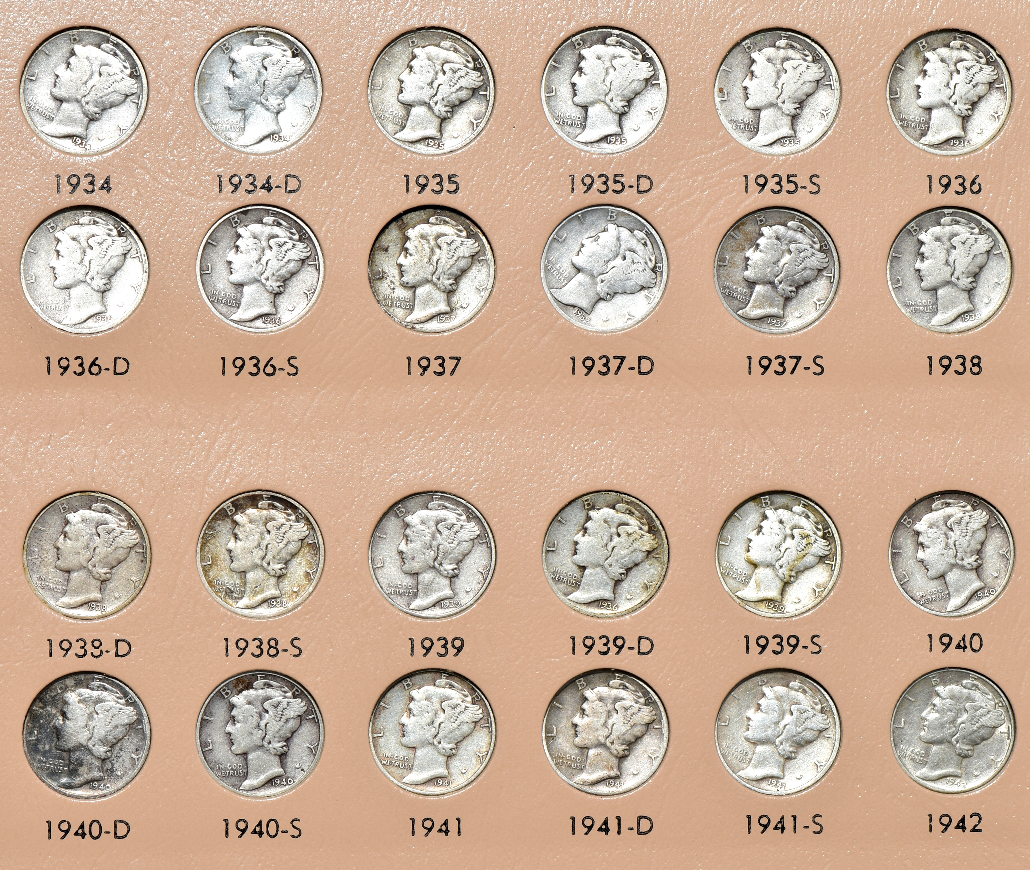 Complete collection of Mercury dimes in a Dansco 7123 album
