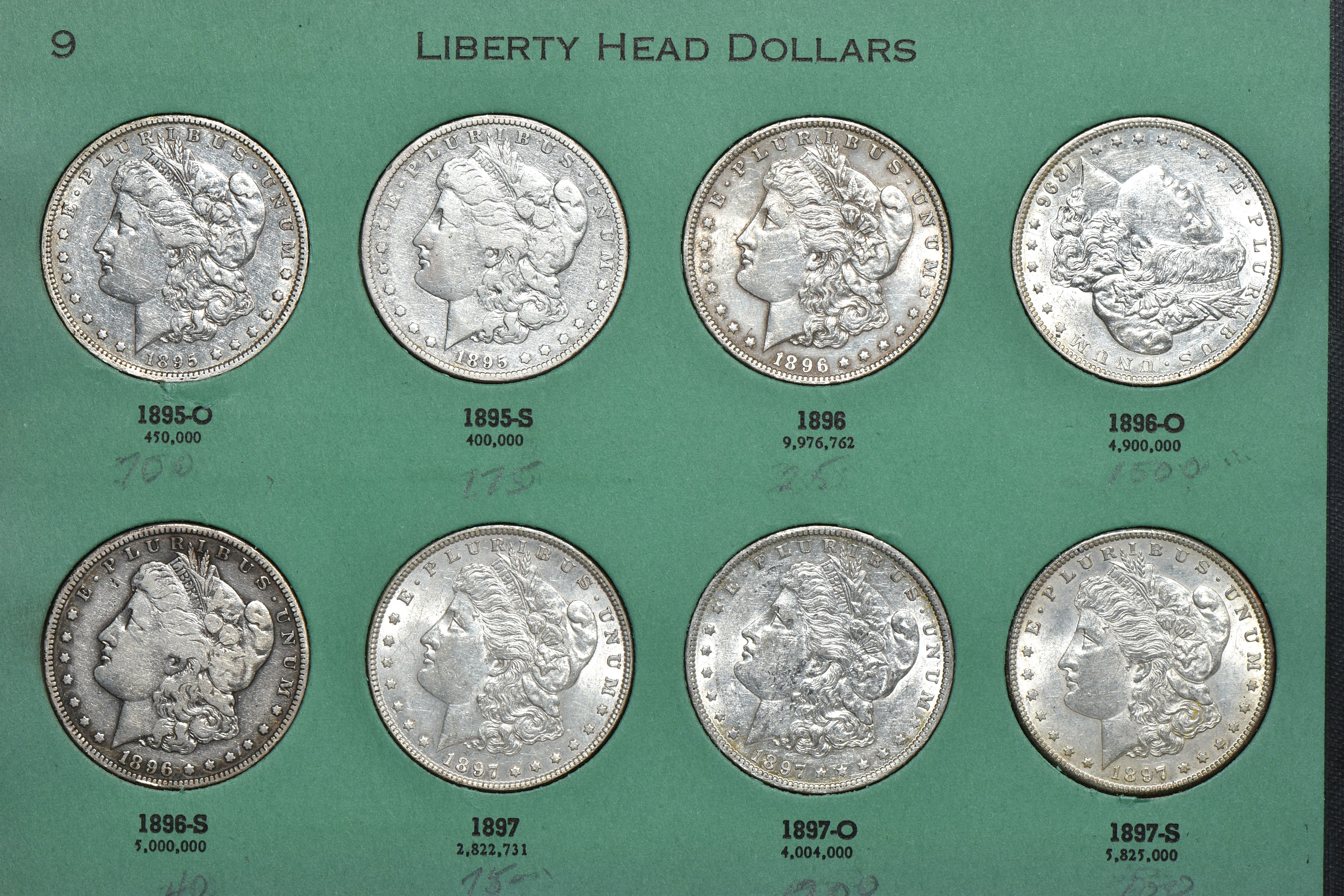 Collection of 32 different Morgan silver dollars, 1895-O through 1921-S, in a Meghrig album