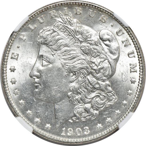 Group of eight certified Morgan silver dollars