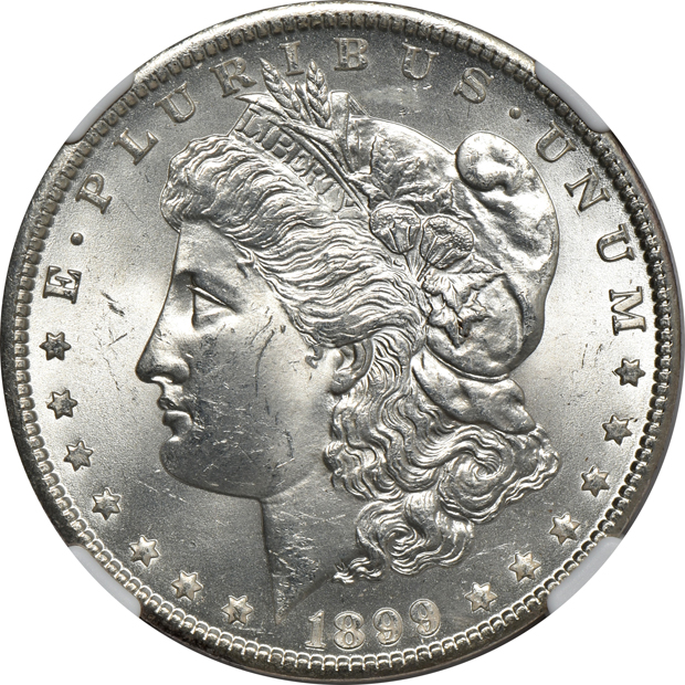 Group of eight certified Morgan silver dollars