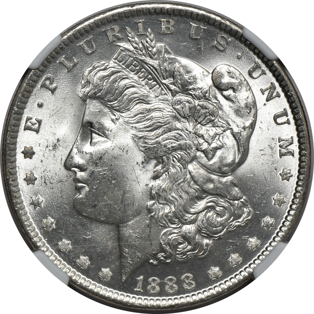 Group of eight certified Morgan silver dollars
