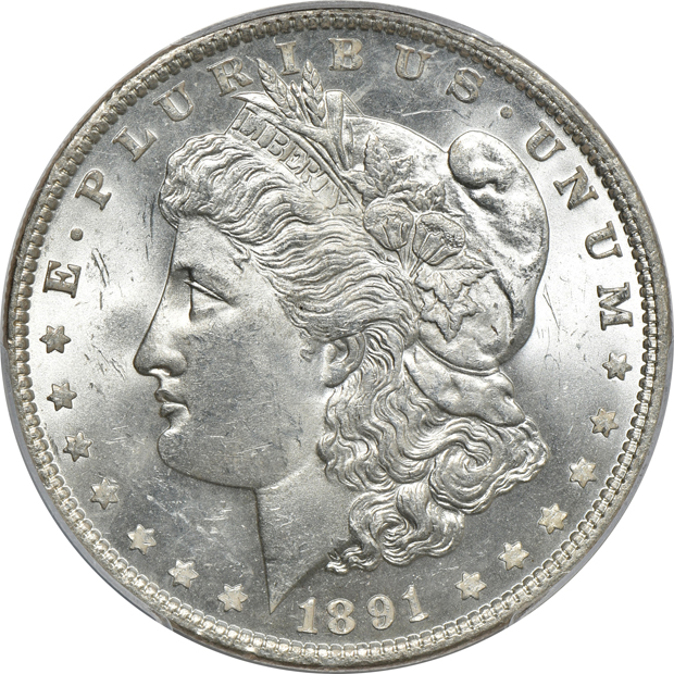 Group of eight certified Morgan silver dollars