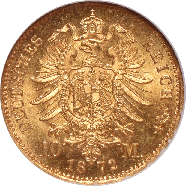 Germany - 1872-S Prussia 10 marks MS-67, 1873-A Prussia 10 marks MS-65, and an 1873-S Prussia 10 marks MS-66, all NGC