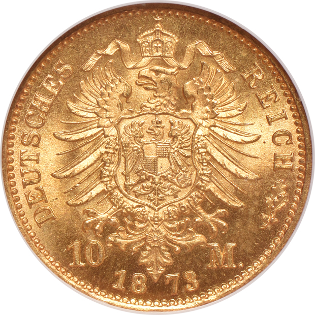 Germany - 1872-S Prussia 10 marks MS-67, 1873-A Prussia 10 marks MS-65, and an 1873-S Prussia 10 marks MS-66, all NGC