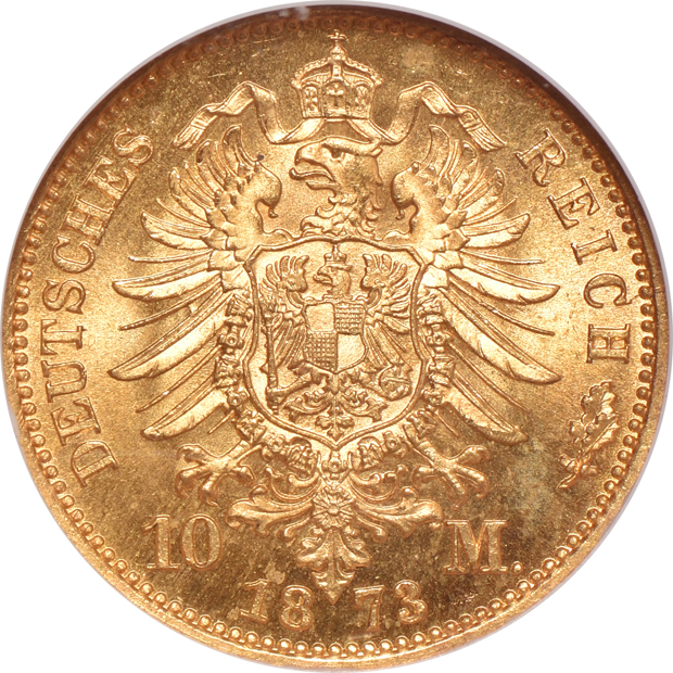 Germany - 1872-S Prussia 10 marks MS-67, 1873-A Prussia 10 marks MS-65, and an 1873-S Prussia 10 marks MS-66, all NGC