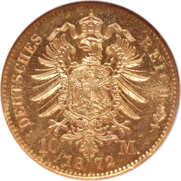 Multiple - Two Germany 1872-A Prussia 10 marks, NGC MS-65 and NGC MS-66, and a Netherlands 1875 10 gulden AU-53.