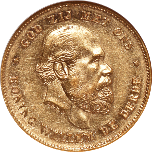 Multiple - Two Germany 1872-A Prussia 10 marks, NGC MS-65 and NGC MS-66, and a Netherlands 1875 10 gulden AU-53.