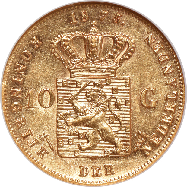 Multiple - Two Germany 1872-A Prussia 10 marks, NGC MS-65 and NGC MS-66, and a Netherlands 1875 10 gulden AU-53.