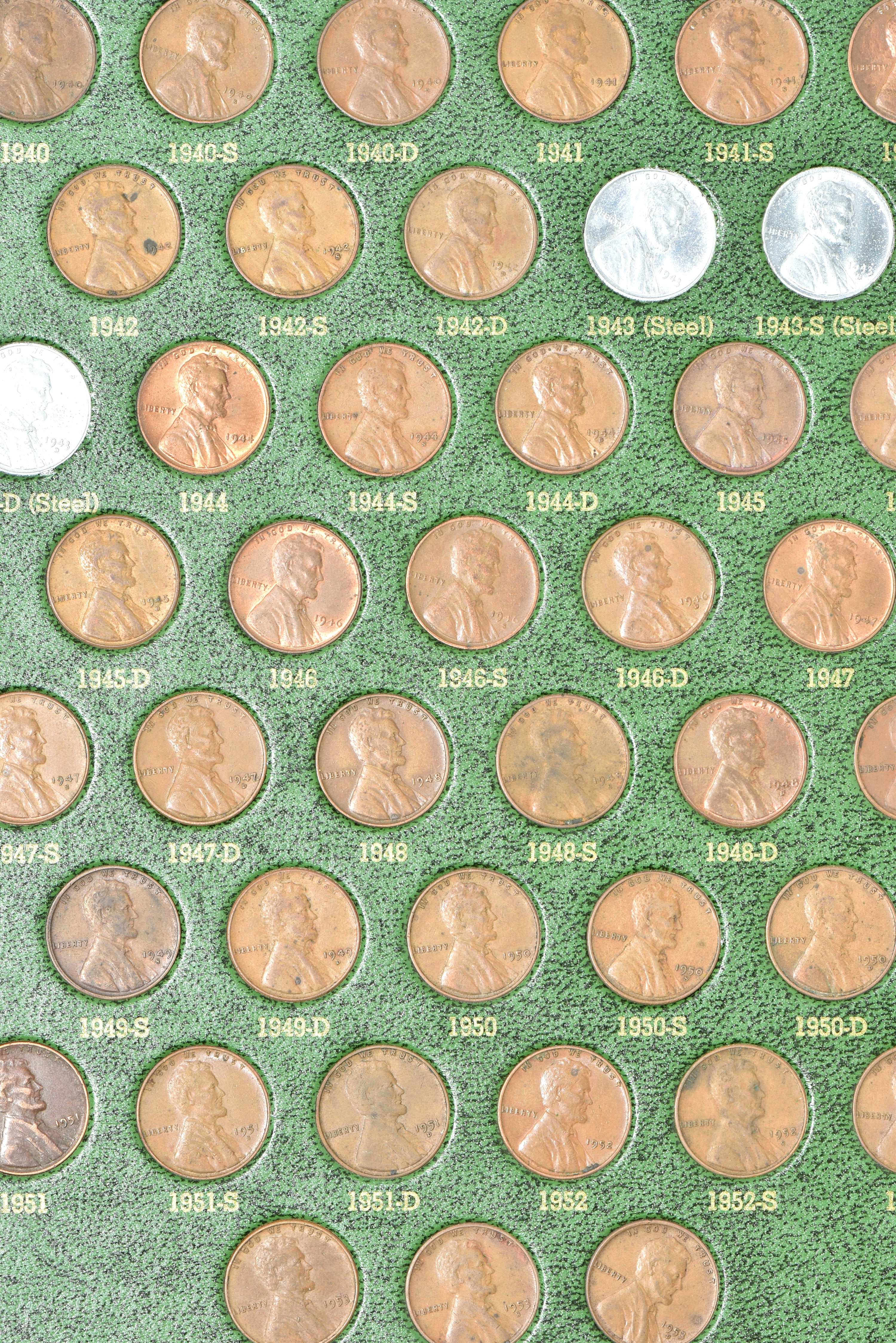 Nearly complete collection of Lincoln cents 1909 VDB through 1970-D in a green Whitman 9204 album