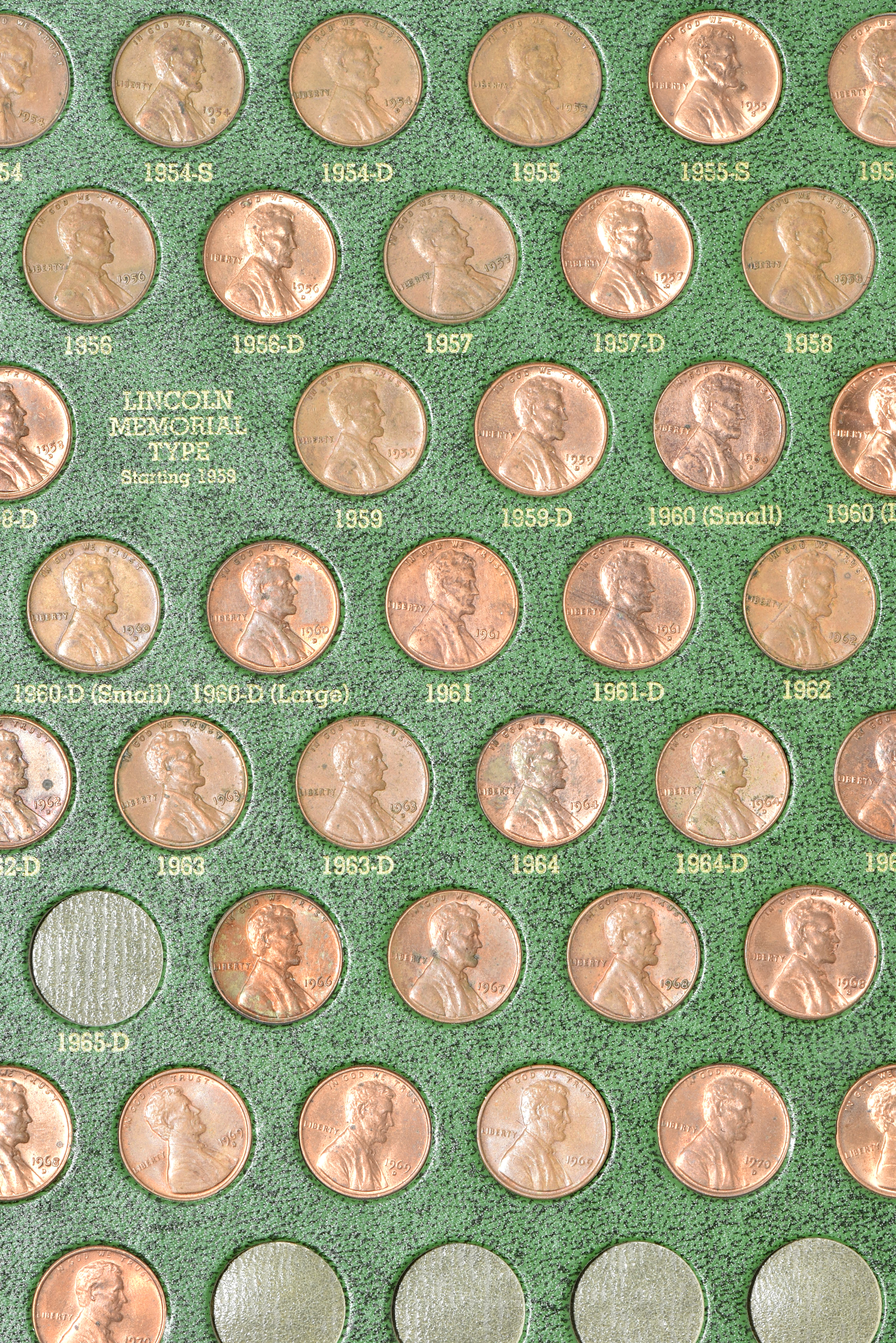 Nearly complete collection of Lincoln cents 1909 VDB through 1970-D in a green Whitman 9204 album