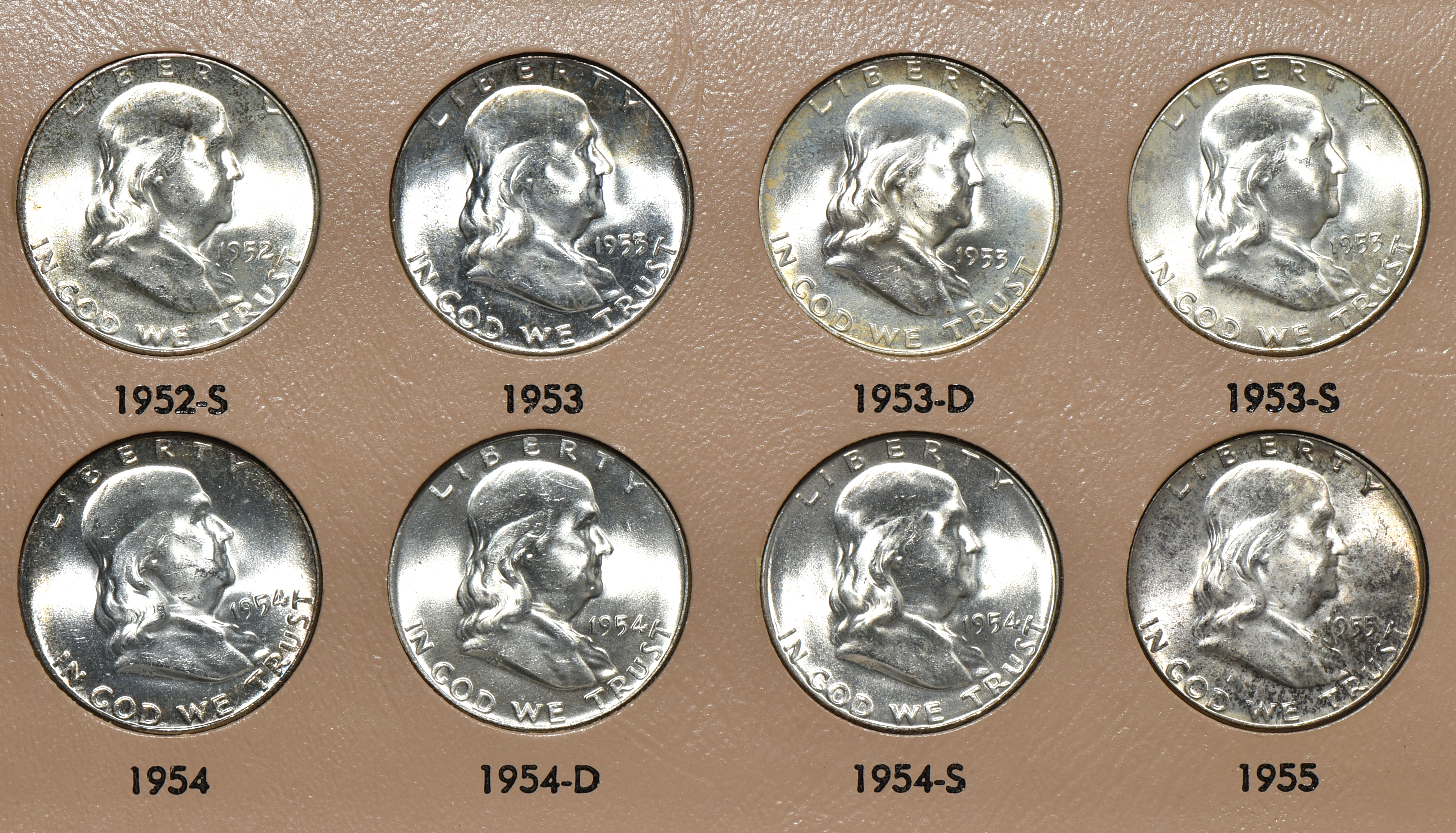 Complete collection of BU Franklin half-dollars in a Dansco 7165 album
