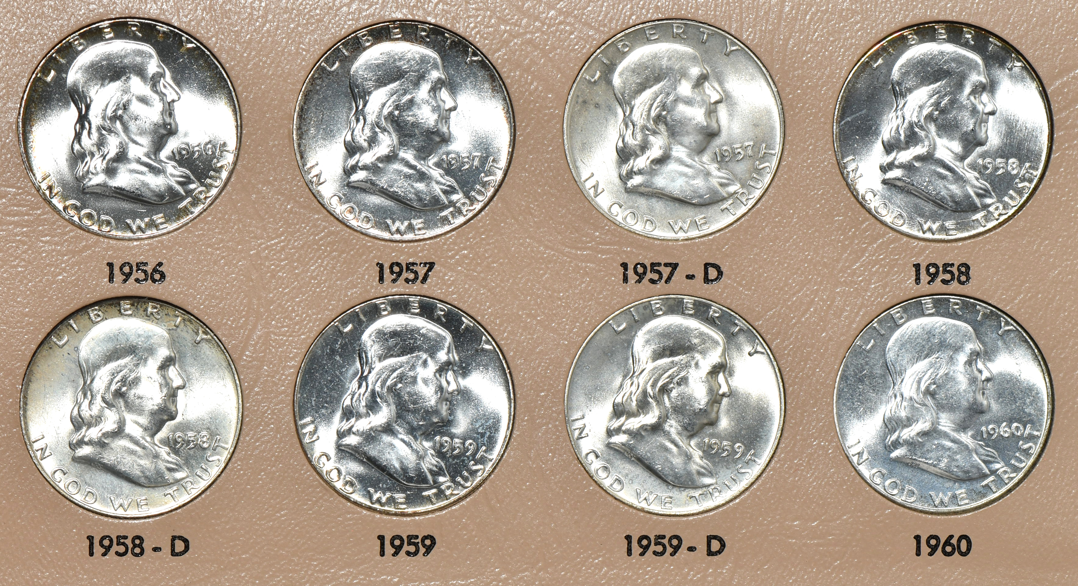 Complete collection of BU Franklin half-dollars in a Dansco 7165 album