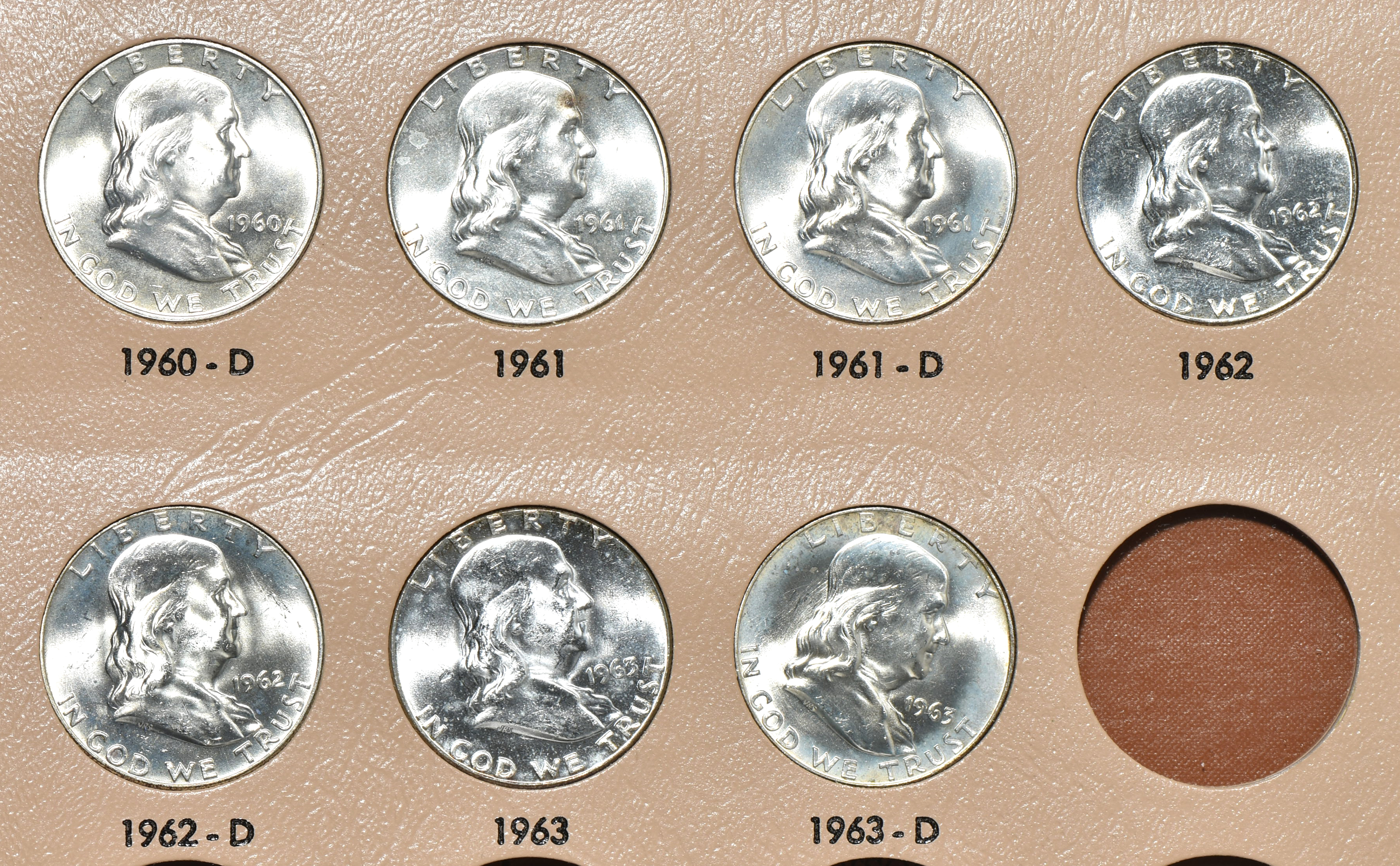 Complete collection of BU Franklin half-dollars in a Dansco 7165 album