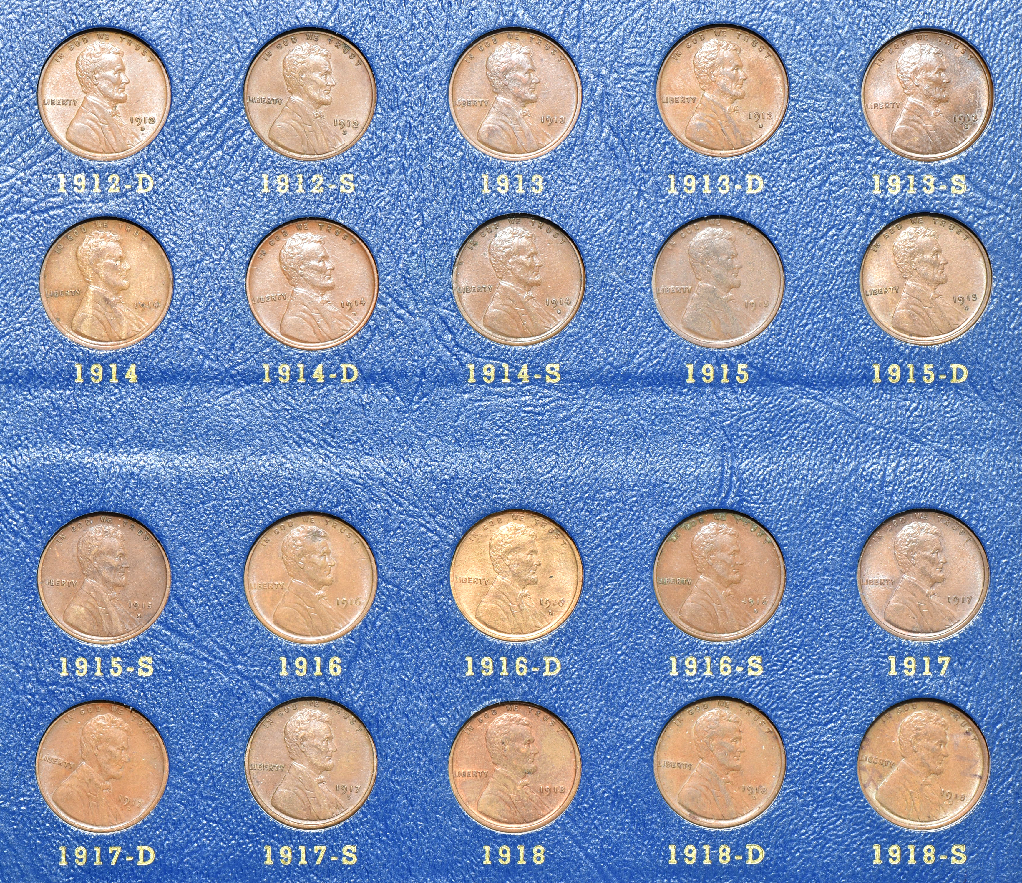Collection of Lincoln Wheat cents, complete from 1909 VDB through 1940-S, in a Whitman 9405 album