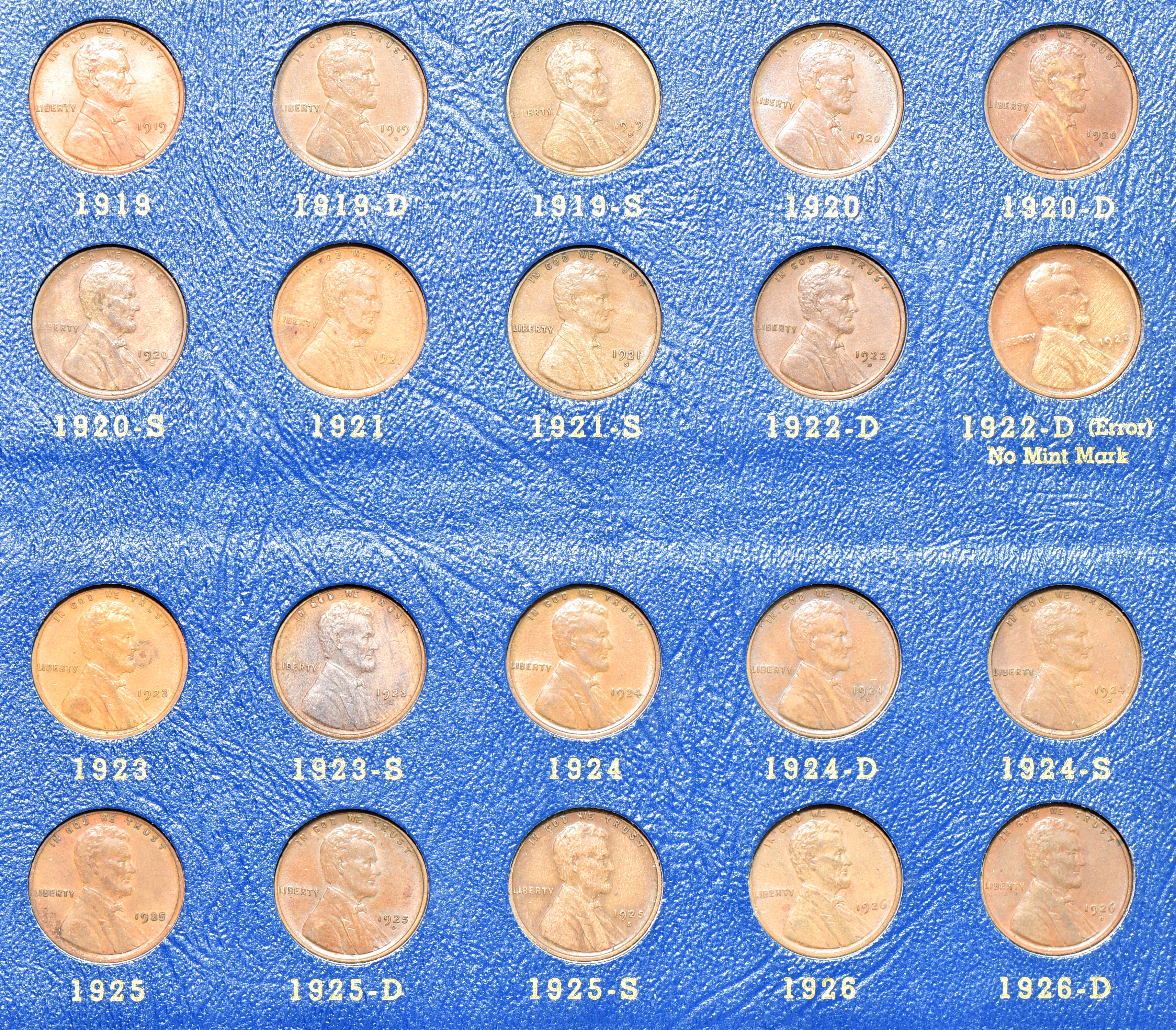 Collection of Lincoln Wheat cents, complete from 1909 VDB through 1940-S, in a Whitman 9405 album