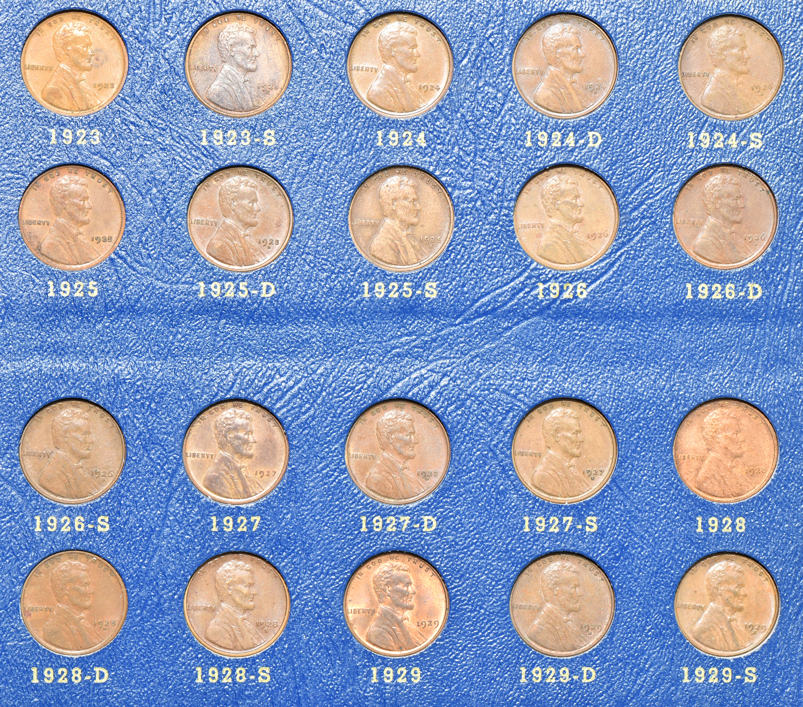 Collection of Lincoln Wheat cents, complete from 1909 VDB through 1940-S, in a Whitman 9405 album