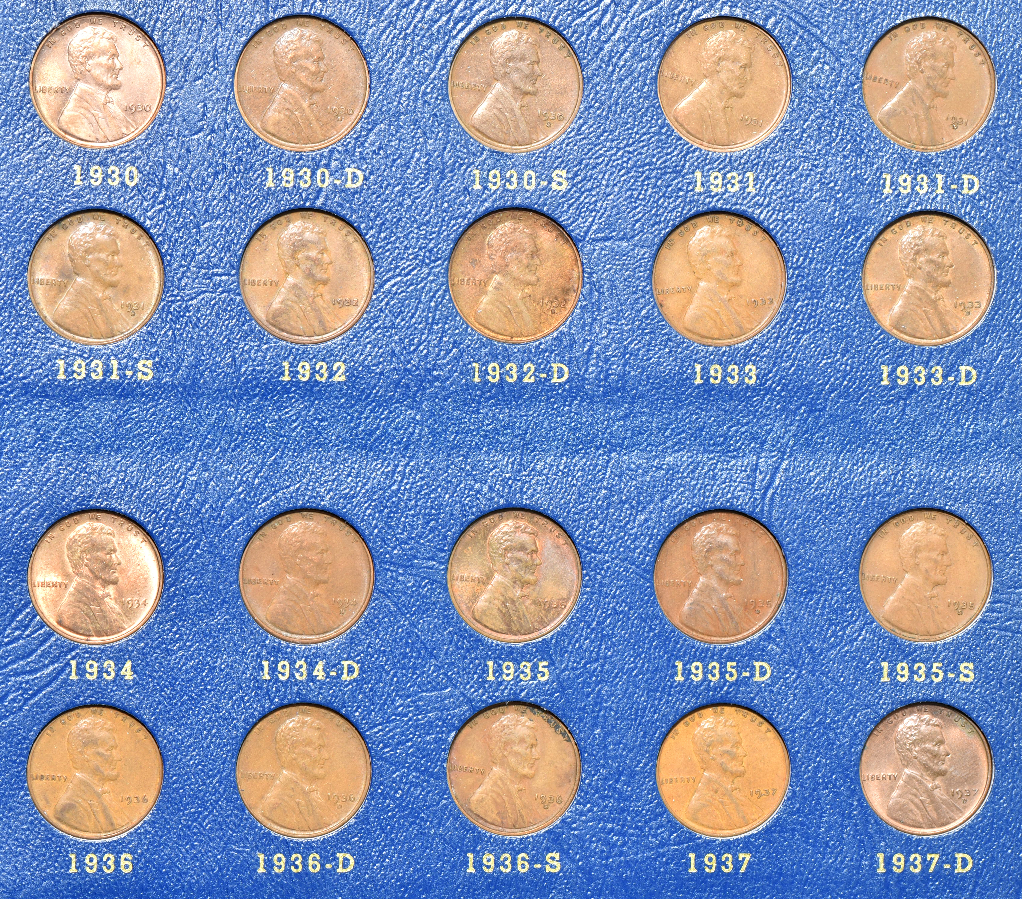 Collection of Lincoln Wheat cents, complete from 1909 VDB through 1940-S, in a Whitman 9405 album