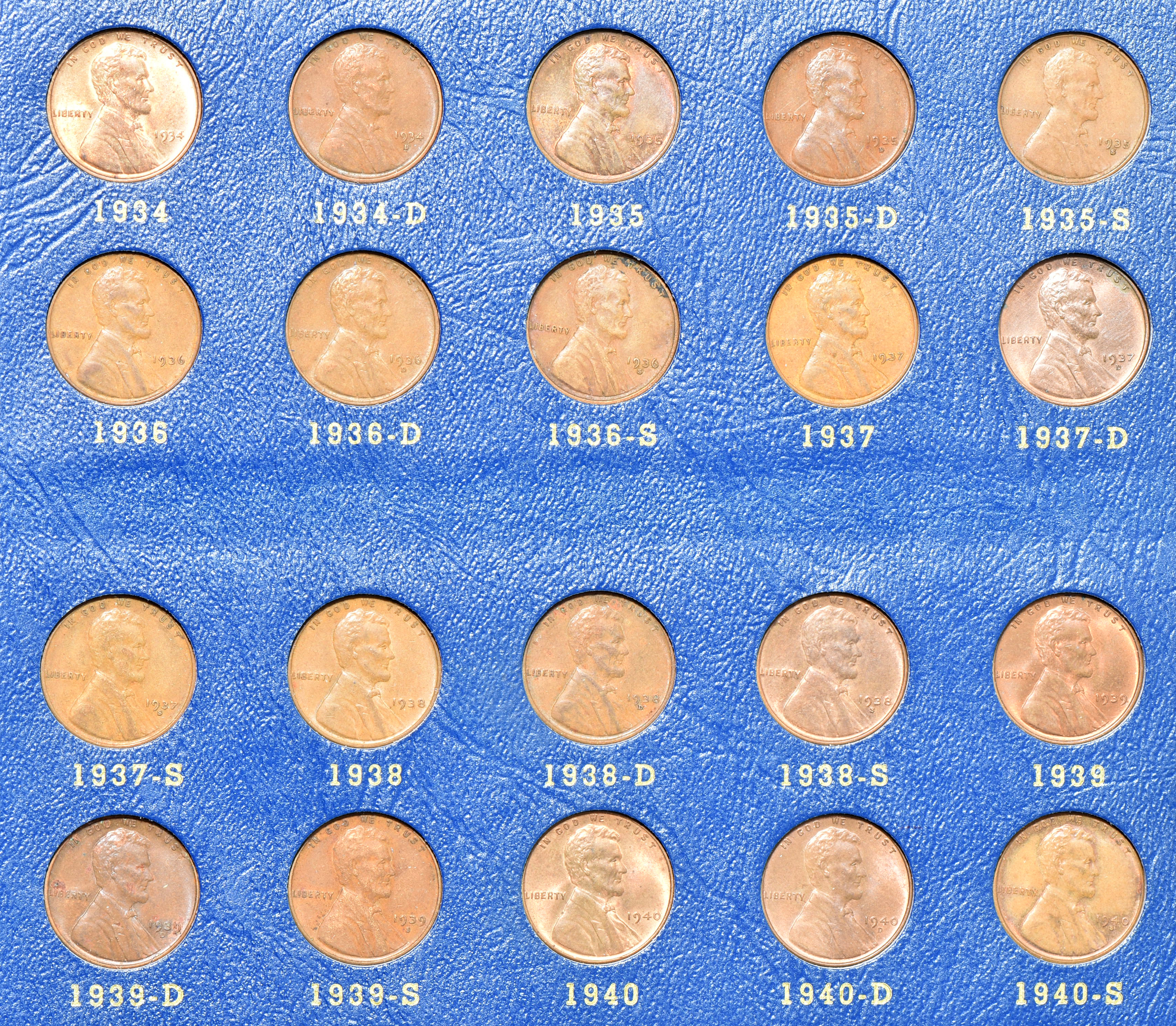 Collection of Lincoln Wheat cents, complete from 1909 VDB through 1940-S, in a Whitman 9405 album