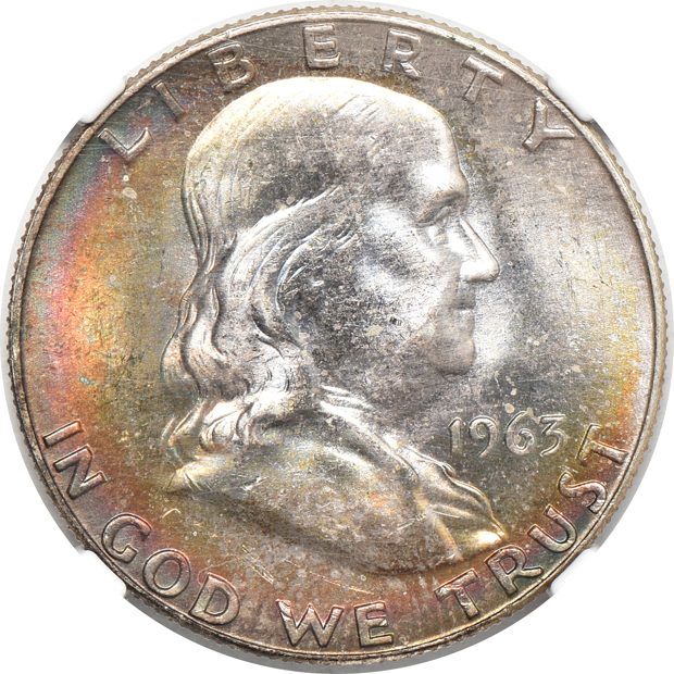 1963-D Franklin half-dollar NGC MS-65 FBL, and a 1976-S silver Eisenhower dollar UNC details/artificial toning