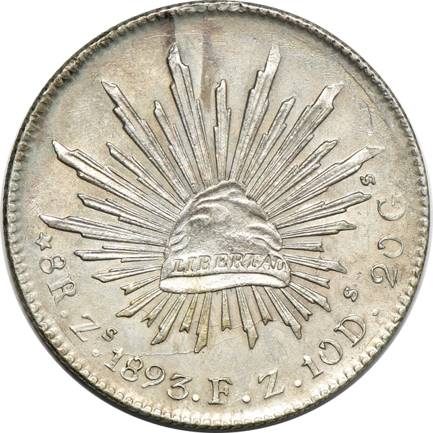Mexico - 1824-Mo JM 8 reales F, 1844-GC MP VF, and an 1893-Zs FZ AU