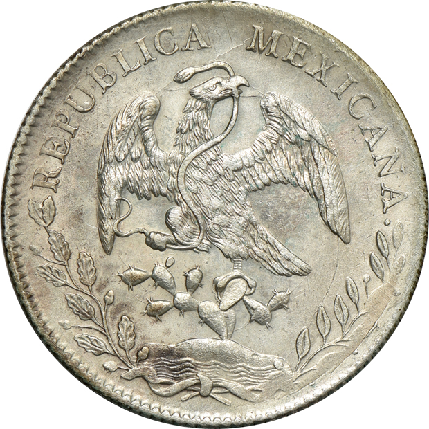Mexico - 1824-Mo JM 8 reales F, 1844-GC MP VF, and an 1893-Zs FZ AU