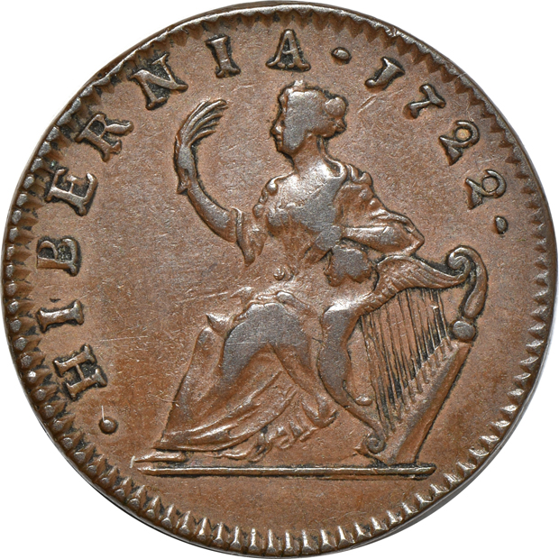 1722 Hibernia half-penny VF, 1723 Hibernia farthing XF, and a 1783 Washington portrait Draped Bust, No Buttons VF