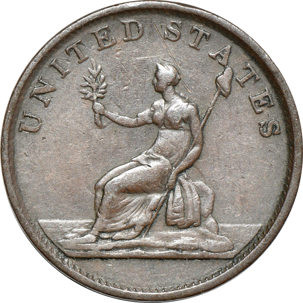 1722 Hibernia half-penny VF, 1723 Hibernia farthing XF, and a 1783 Washington portrait Draped Bust, No Buttons VF