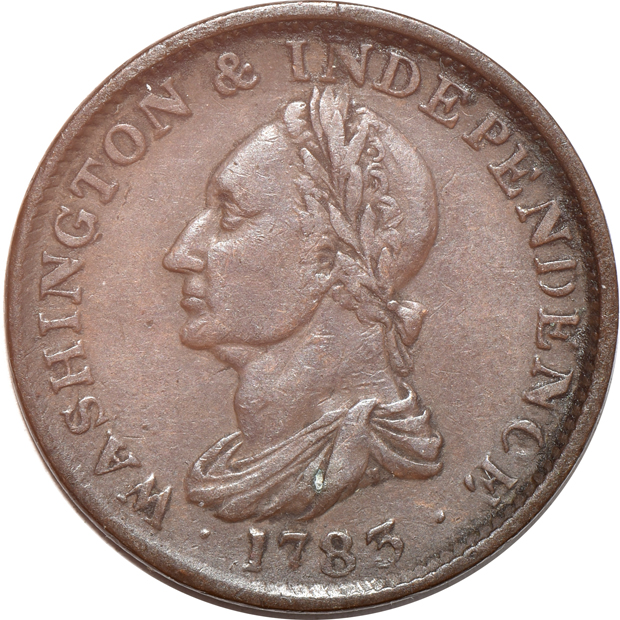 1722 Hibernia half-penny VF, 1723 Hibernia farthing XF, and a 1783 Washington portrait Draped Bust, No Buttons VF